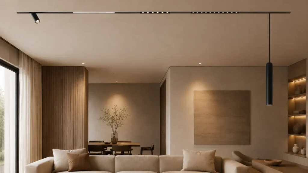living room lighting with 48v magnetic track system 48V magnetic track lighting modules installed in modern residential interior